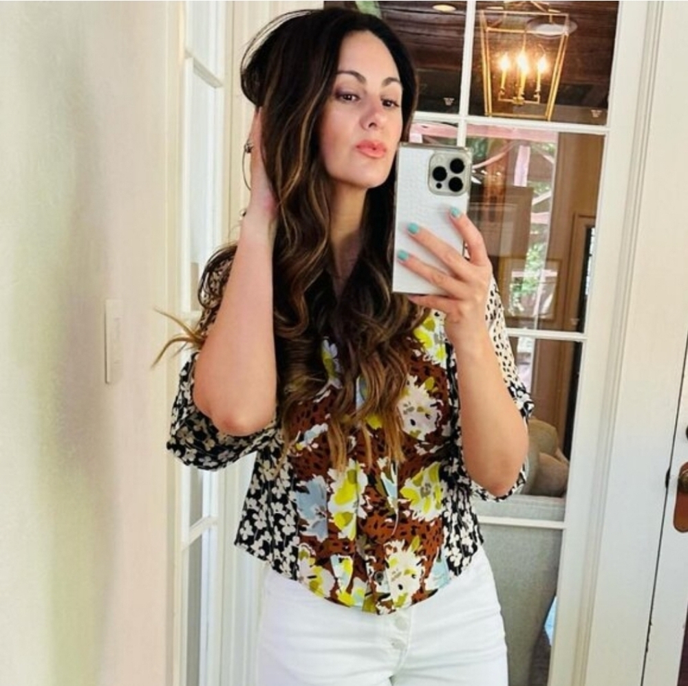 CAbi Floral Mixed-Print Blouse in Black, White, Brown, Yellow